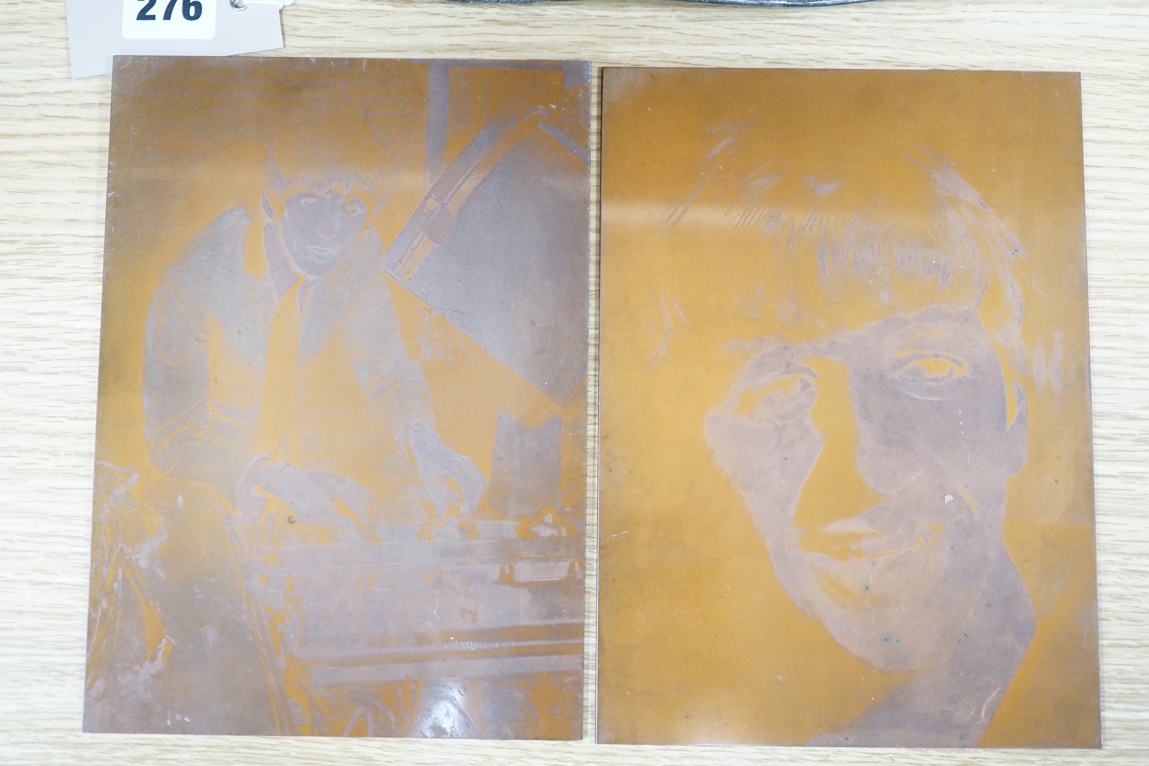 Two copper printing plates depicting two members of The Beatles, Ringo Starr and George Harrison. 22x16cm